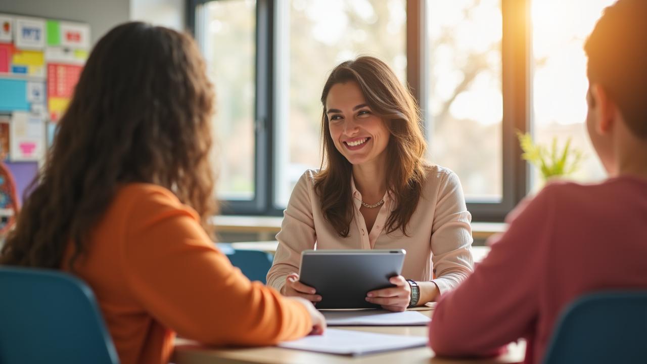 Insegnante innovativa in classe con tablet