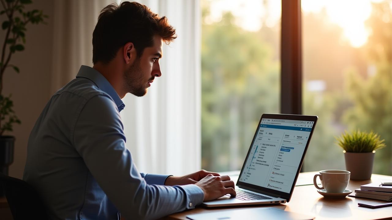 Professionista italiano che studia online in un ufficio moderno